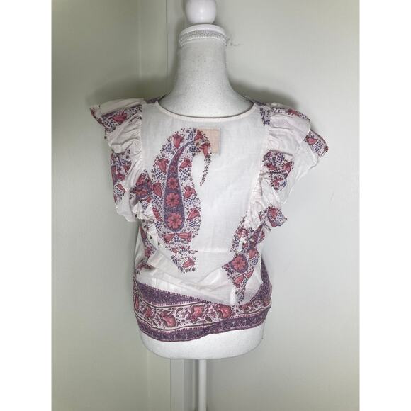 Bell White with Pink and Lavendar Block Print Top Sz M - Picture 2 of 3